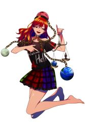 Rule 34 | 1girl, bare shoulders, barefoot, black choker, black headwear, black nails, black neckwear, black shirt, chain, choker, clothes writing, earth (ornament), earth (planet), gold chain, green skirt, hair between eyes, hands up, harano, heart, heart print, hecatia lapislazuli, looking to the side, medium hair, moon, moon (ornament), multicolored clothes, multicolored skirt, nail polish, off shoulder, open mouth, pink headwear, plaid, plaid skirt, planet, pointing, purple skirt, red eyes, red hair, red skirt, seiza, shirt, short sleeves, simple background, sitting, skirt, smile, solo, t-shirt, touhou, white background
