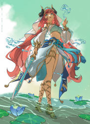 Rule 34 | 1girl, absurdres, aqua eyes, bad id, bad twitter id, bare shoulders, blue skirt, breasts, detached sleeves, flower, full body, genshin impact, gladiator sandals, gold footwear, hand up, harem outfit, highres, holding, holding sword, holding weapon, hydrokinesis, jewelry, leaf, legs, long hair, long sleeves, looking at viewer, medium breasts, midriff, neck ring, nilou (genshin impact), parted lips, puffy long sleeves, puffy sleeves, red hair, sandals, shallow water, skirt, solo, standing, sword, thighlet, twintails, wading, water, weapon, xiang wan wei wan, xiphos&#039; moonlight (genshin impact)