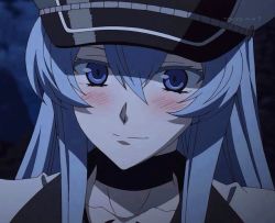 Rule 34 | 10s, 1girl, akame ga kill!, blue hair, blush, breasts, colored eyelashes, esdeath, hat, ice, long hair, looking at viewer, stitched, tattoo, third-party edit, uniform