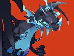 Rule 34 | blue fire, breath weapon, breathing fire, charizard, claws, collarbone, commentary request, creatures (company), fangs, fangs out, fire, game freak, gen 1 pokemon, gogot, highres, horns, looking down, mega charizard x, mega pokemon, nintendo, no humans, pokemon, pokemon (creature), red background, red eyes, simple background, solo