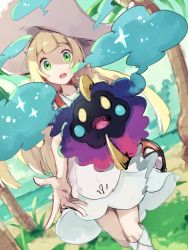 Rule 34 | 1girl, bad id, bad pixiv id, bag, beach, blank eyes, blonde hair, blue sky, chestnut mouth, cosmog, creatures (company), day, dress, duffel bag, dutch angle, female focus, game freak, gen 7 pokemon, grass, green eyes, hat, highres, kneehighs, legendary pokemon, lillie (pokemon), long hair, looking at viewer, nintendo, ocean, open mouth, outdoors, outstretched arm, palm tree, poke ball theme, pokemon, pokemon (creature), pokemon sm, sand, sky, socks, standing, sun hat, takase (takase1214), teeth, tree, very long hair, water, white dress, white hat, white socks, yellow eyes