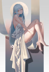 Rule 34 | 1girl, bare shoulders, barefoot, blue hair, closed mouth, full body, guihuo inferno, hair between eyes, highres, knees to chest, knees up, long hair, looking at viewer, moon, naked towel, orange eyes, original, solo, thigh grab, thighs, towel