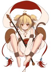 Rule 34 | 1girl, :d, alphy, andira (granblue fantasy), animal ears, antenna hair, bad id, bad twitter id, barefoot, between legs, blonde hair, blush, breasts, cleavage cutout, clothing cutout, collarbone, commentary, detached sleeves, erune, granblue fantasy, grin, hagoromo, hand between legs, highres, knees up, leotard, looking at viewer, monkey ears, monkey girl, monkey tail, open mouth, sash, see-through, see-through sleeves, shawl, short hair, sidelocks, simple background, sleeveless, small breasts, smile, solo, symbol-only commentary, tail, two side up, white background, white leotard, wide sleeves