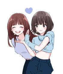 2girls ^_^ animification blue_gloves blue_pants blue_shirt blush breasts brown_eyes brown_hair closed_eyes cowboy_shot cropped_shirt earpiece ebihara_tsuzumi ewokaku33 fingerless_gloves gloves heart leaning_to_the_side long_hair me:i midriff multiple_girls open_hand pants real_life shimizu_keiko shirt short_hair simple_background small_breasts smile white_background