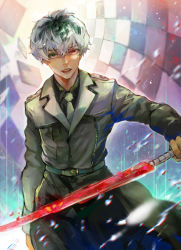 Rule 34 | 1boy, black hair, black shirt, blood, bloody weapon, brown jacket, checkered background, collared shirt, cowboy shot, grey necktie, highres, holding, holding sword, holding weapon, jacket, kyuuba melo, long sleeves, looking at viewer, multicolored background, multicolored hair, necktie, open mouth, sasaki haise, shirt, short hair, solo, sword, teeth, tokyo ghoul, tokyo ghoul:re, tongue, weapon