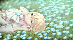 Rule 34 | 1girl, blonde hair, blue flower, blue gemstone, chain, field, flower, flower field, gem, gold chain, grass, green eyes, green pupils, hair between eyes, hand up, heterochromia, highres, iris blanche, lying, on back, parted lips, puchiman, red eyes, red pupils, rune factory, rune factory frontier, short hair, sleeves past elbows, solo