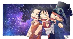 3boys aco_peda aged_down ascot black_hair blue_coat brothers child coat commentary_request crossed_arms elbow_pads freckles goggles goggles_on_head hat highres looking_up male_focus missing_tooth monkey_d._luffy multiple_boys night night_sky one_piece open_mouth orange_tank_top portgas_d._ace red_tank_top sabo_(one_piece) scar scar_on_face short_hair siblings signature single_elbow_pad sky star_(sky) starry_sky tank_top top_hat torn_ascot torn_clothes upper_body white_ascot