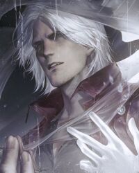 Rule 34 | 1boy, aged up, beard, bishounen, blue eyes, coat, dante (devil may cry), devil may cry (series), devil may cry 5, facial hair, highres, holding, long hair, male focus, mature male, qvlv kuzi feichuan, solo, white hair