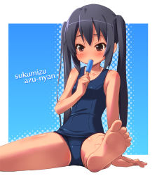 Rule 34 | 00s, 1girl, bare shoulders, barefoot, black hair, blue background, blue one-piece swimsuit, blush, breasts, brown eyes, collarbone, feet, food, food in mouth, k-on!, long hair, nakano azusa, one-piece swimsuit, popsicle, pu-en, school swimsuit, sitting, small breasts, soles, solo, spread legs, swimsuit, tan, twintails
