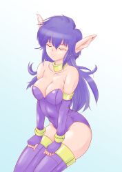 Rule 34 | 1girl, absurdres, bare shoulders, breasts, choker, cleavage, closed eyes, elbow gloves, fingerless gloves, gloves, hands on own thighs, highres, leotard, long hair, miruwao, nei, phantasy star, phantasy star ii, pointy ears, purple gloves, purple hair, purple thighhighs, sitting, smile, solo, strapless, strapless leotard, thighhighs, thighs