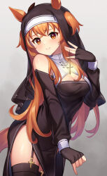 Rule 34 | 1girl, absurdres, alternate costume, animal ears, blush, coif, commentary request, cross, cross necklace, detached sleeves, fingerless gloves, gloves, grey background, habit, highres, horse ears, horse girl, horse tail, jewelry, mayano top gun (umamusume), necklace, non-web source, nun, orange eyes, orange hair, pizza (pizzania company), simple background, smile, solo, tail, thighhighs, umamusume