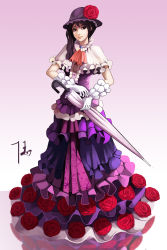 Rule 34 | 1girl, absurdres, ascot, black hair, brown eyes, capelet, choker, closed umbrella, diandianzai, dress, flower, frilled gloves, frills, full body, gem, gloves, gradient background, hat, hat flower, highres, layered dress, light smile, lips, long hair, looking at viewer, original, purple background, red flower, red rose, reflection, rose, side ponytail, signature, simple background, solo, standing, umbrella, white gloves