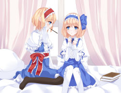 Rule 34 | 2girls, alice margatroid, alice margatroid (pc-98), bed, bed sheet, black legwear, blonde hair, blouse, blue eyes, book, bow, capelet, curtains, dress, dual persona, food, hair bow, hair ribbon, hairband, long sleeves, mouth hold, multiple girls, nanatuki13, pantyhose, pillow, pocky, pocky kiss, ribbon, shared food, sharing food, shirt, short hair, short sleeves, skirt, smile, suspenders, time paradox, touhou, touhou (pc-98), white legwear, window