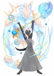 Rule 34 | 1girl, armpits, bare arms, barefoot, blue eyes, closed mouth, dark-skinned female, dark skin, dress, flaming skull, floating skull, gg dal, grey dress, highres, holding, holding wand, long dress, looking at viewer, original, solo, spirit, tail, very dark skin, wand, white hair