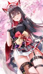 Rule 34 | 1girl, animal ears, black gloves, black hair, black kimono, blue archive, blurry, blush, breasts, cherry blossoms, commentary request, depth of field, falling petals, fang, fingerless gloves, fishnet thighhighs, fishnets, floral print, fox ears, fox girl, from below, gloves, halo, hand on own chest, highres, japanese clothes, kimono, large breasts, long hair, looking at viewer, obi, open mouth, petals, red halo, sash, shuvi (shuvi1125), side slit, single thighhigh, skin fang, skirt, smile, solo, thigh strap, thighhighs, thighs, torn clothes, torn thighhighs, wakamo (blue archive), white skirt, wide sleeves, yellow eyes