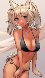 Rule 34 | 1girl, :p, absurdres, animal ears, bare arms, bare shoulders, bikini, black bikini, blonde hair, blue eyes, commentary request, cowboy shot, dark skin, groin, highres, long hair, looking at viewer, navel, original, side-tie bikini bottom, solo, solokitsune, standing, stomach, swimsuit, tongue, tongue out, twintails