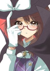 Rule 34 | 1girl, absurdres, black cape, black hat, black neckwear, blush, bolo tie, bow, brown eyes, brown hair, buttons, cape, collared shirt, glasses, gloves, hat, hat bow, hat tip, highres, long sleeves, looking at viewer, low twintails, nanana napi, neckwear request, parted lips, plaid, quimbaya airplane, red-framed eyewear, semi-rimless eyewear, shirt, short twintails, solo, swept bangs, touhou, twintails, under-rim eyewear, usami sumireko, white gloves