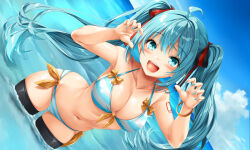 Rule 34 | 1girl, aqua eyes, aqua hair, aqua nails, bikini, black thighhighs, breasts, claw pose, cleavage, collarbone, cowboy shot, dutch angle, hands up, hatsune miku, kamiya tomoe, leaning forward, long hair, looking at viewer, medium breasts, navel, ocean, open mouth, outdoors, sky, smile, solo, striped bikini, striped clothes, swimsuit, thighhighs, twintails, very long hair, vocaloid, wading