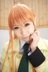 Rule 34 | 1girl, asian, blazer, blue eyes, chippi, code geass, color contacts, cosplay, highres, jacket, long hair, looking at viewer, orange hair, photo (medium), school uniform, shirley fenette, shirley fenette (cosplay), solo