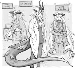 Rule 34 | 3girls, arknights, bag, bagpipe (arknights), box, carrying, character name, coat, denim, dlanon, dragon girl, dragon horns, dragon tail, epaulettes, farmer, greyscale, hat, holding, holding box, horns, jeans, long hair, long sleeves, military uniform, monochrome, multiple girls, open clothes, open coat, open mouth, pants, plaid, plaid shirt, reed (arknights), ribbed sweater, saileach (arknights), shirt, shoulder bag, sidelocks, straw hat, sweater, tail, twitter username, uniform, very long hair