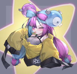 Rule 34 | 1girl, absurdres, bow-shaped hair, character hair ornament, creatures (company), game freak, hair ornament, hexagon print, highres, iono (pokemon), jacket, long hair, low-tied long hair, multicolored hair, nintendo, oversized clothes, pokemon, pokemon sv, qinshi-ji, sharp teeth, sleeves past fingers, sleeves past wrists, solo, split-color hair, star (symbol), star in eye, symbol in eye, teeth, very long sleeves, x, yellow jacket