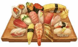 Rule 34 | bad id, bad pixiv id, egg, fish, fish (food), food, food focus, gunkanmaki, ikura (food), leaf, makizushi, meat, nigirizushi, no humans, omelet, original, realistic, rice, roe, seafood, seaweed, shrimp, simple background, still life, sushi, sushi geta, tamagoyaki, tray, vegetable, waopwaop, white background
