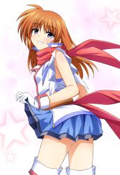 Rule 34 | absurdres, alternate hairstyle, bare shoulders, blush, boots, bow, breasts, brown hair, clothes lift, commission, eyebrows hidden by hair, from behind, gloves, grin, hair down, highres, long hair, looking at viewer, lyrical nanoha, mahou shoujo lyrical nanoha, oshimaru026, pixiv commission, purple eyes, red bow, scarf, skirt, skirt lift, sleeveless, small breasts, smile, smug, star (symbol), takamachi nanoha, white gloves