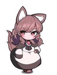 Rule 34 | 1girl, absurdres, animal ears, blush, boots, brooch, brown hair, chibi, dress, hh, highres, imaizumi kagerou, jewelry, long hair, long sleeves, looking at viewer, red brooch, red eyes, solo, tail, touhou, werewolf, white dress, wide sleeves, wolf ears, wolf girl, wolf tail