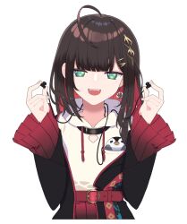 Rule 34 | 1girl, ahoge, ao hito ( x blank), belt, black collar, black jacket, brown hair, clothing cutout, collar, colored inner hair, commentary, drawstring, earbuds, earphones, earrings, fangs, flat chest, hair behind ear, highres, hizuki yui, holding, hood, hood down, hoodie, jacket, jewelry, long sleeves, medium hair, multicolored hair, neo-porte, open mouth, pleated skirt, red belt, red hair, red skirt, single earring, skirt, smile, solo, stuffed animal, stuffed penguin, stuffed toy, symbol-only commentary, upper body, virtual youtuber, white background, white hoodie