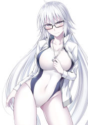 Rule 34 | 1girl, ahoge, bespectacled, blush, breasts, cleavage, commentary request, competition swimsuit, contrapposto, cosplay, covered navel, cowboy shot, fate/grand order, fate (series), glasses, hair between eyes, highleg, highleg swimsuit, highres, ijima yuu, jacket, jeanne d&#039;arc alter (swimsuit berserker) (fate), jeanne d&#039;arc (fate), jeanne d&#039;arc (swimsuit archer) (fate), jeanne d&#039;arc (swimsuit archer) (fate) (cosplay), jeanne d&#039;arc (swimsuit archer) (second ascension) (fate), jeanne d&#039;arc alter (fate), large breasts, long hair, looking at viewer, one-piece swimsuit, pale skin, solo, swimsuit, thighs, very long hair, whistle, white jacket, yellow eyes