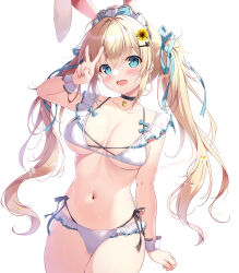 Rule 34 | 1girl, :d, animal ears, bikini, black choker, blonde hair, blue eyes, blush, breasts, choker, clenched hand, collarbone, daisy, flower, frilled bikini, frills, hair flower, hair ornament, hair ribbon, hairclip, highres, looking at viewer, maid headdress, medium breasts, mikeou, navel, open mouth, original, rabbit ears, ribbon, sidelocks, simple background, smile, solo, standing, stomach, sunflower, sunflower hair ornament, swimsuit, teeth, twintails, upper teeth only, v, white background, white bikini, wrist cuffs