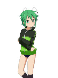 Rule 34 | 1girl, alternate costume, antennae, black jacket, black panties, black socks, blush, casual, cato (monocatienus), commentary request, contemporary, feet out of frame, green eyes, green hair, green jacket, jacket, kneehighs, long sleeves, looking at viewer, multicolored clothes, multicolored jacket, no pants, panties, short hair, sidelocks, simple background, socks, solo, standing, sweat, thighs, touhou, two-tone jacket, underwear, white background, wriggle nightbug