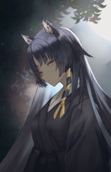 Rule 34 | 1girl, animal ears, arknights, black hair, black kimono, brown eyes, closed mouth, commentary, dog ears, facial mark, forehead mark, from side, japanese clothes, kimono, long hair, looking at viewer, looking to the side, okayannosuke, parted bangs, saga (arknights), sideways glance, solo, upper body, white background