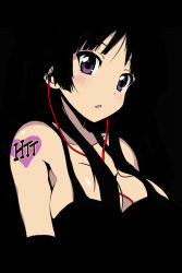 Rule 34 | 1girl, akiyama mio, bare shoulders, black background, black hair, black theme, blush, breasts, cleavage, earbuds, earphones, heart, hime cut, k-on!, large breasts, long hair, looking at viewer, parted lips, purple eyes, simple background, solo, tanashi (mk2), tank top, tattoo
