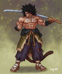 Rule 34 | 1boy, abs, alternate costume, angry, arm wrap, artist name, bead bracelet, beads, black hair, bracelet, broly (dragon ball super), chipped sword, clenched hand, dragon ball, dragon ball super, facial scar, full body, geta, guillem dauden, highres, holding, holding sword, holding weapon, japanese clothes, jewelry, leg wrap, male focus, monkey tail, muscular, muscular male, over shoulder, pants, pectorals, purple pants, rope belt, rope necklace, saiyan, samurai, sandals, sash, scar, scar on arm, scar on cheek, scar on chest, scar on face, spiked hair, sword, tabi, tail, topless male, torn clothes, torn pants, veins, weapon, weapon over shoulder, wrist wrap, yellow eyes