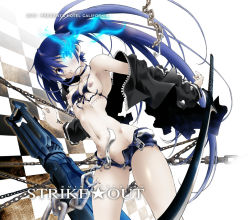 Rule 34 | 10s, 1girl, bikini, black rock shooter, black rock shooter (character), blue eyes, blue hair, breasts, chain, checkered floor, floor, matching hair/eyes, natsuno suika, nipple slip, nipples, no panties, open clothes, open fly, open shorts, pale skin, perspective, pussy, pussy peek, scar, shorts, small breasts, solo, swimsuit, sword, twintails, uncensored, unzipped, wardrobe malfunction, weapon