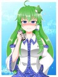 Rule 34 | 1girl, alcohol, bad id, bad pixiv id, beer, beer can, blouse, blue eyes, breasts, can, detached sleeves, drink can, drunk, frog hair ornament, green hair, hair ornament, hair tubes, hand on own hip, highres, houkiboshi, kochiya sanae, large breasts, long hair, shirt, skirt, smile, snake hair ornament, solo, squeans, touhou