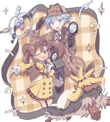 Rule 34 | 1boy, 1girl, :d, ;d, ?, blue hair, brown coat, brown eyes, brown gloves, brown hair, brown headwear, brown skirt, bucket (b1zja), coat, creatures (company), game freak, gen 5 pokemon, gen 6 pokemon, gloves, grey eyes, hat, highres, holding, holding magnifying glass, klefki, long sleeves, looking at viewer, magnifying glass, nintendo, official alternate costume, one eye closed, open mouth, plaid, plaid coat, pokemon, pokemon masters ex, shauna (pokemon), shauna (special costume) (pokemon), shirt, skirt, smile, steven stone, steven stone (special costume), stoutland, twintails, white gloves