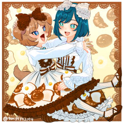 Rule 34 | animal ears, aqua eyes, black bow, black bowtie, black footwear, black ribbon, blue eyes, blue hair, bob cut, bow, bowtie, bread, bright pupils, brooch, brown hair, center frills, delicious party precure, dog ears, dog girl, dog tail, doily, dress, egg (food), fang, food, food print, frills, fuwa kokone, hair bow, hand on another&#039;s head, heart, heart brooch, hug, jewelry, long sleeves, looking at another, matching outfits, medium dress, open mouth, pam-pam (precure), pam-pam (precure) (human), pantyhose, precure, print dress, ribbon, shoes, short hair, sitting, sitting on lap, sitting on person, skin fang, smile, striped clothes, striped pantyhose, tail, ton (ton39342104), twitter username, vertical-striped clothes, vertical-striped pantyhose, white bow, white dress, white pantyhose, white pupils