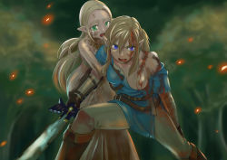 Rule 34 | 2girls, arm hug, blonde hair, blood, blood in hair, blue eyes, blurry, blurry background, boots, breasts, bruise, crying, embers, female focus, fighting stance, genderswap, genderswap (mtf), green eyes, holding, holding sword, holding weapon, injury, leggings, link, m88030253, master sword, multiple girls, nintendo, nipples, one breast out, open mouth, pointy ears, princess zelda, serious, sidelocks, sword, tears, the legend of zelda, the legend of zelda: breath of the wild, thick eyebrows, torn clothes, tree, tunic, weapon
