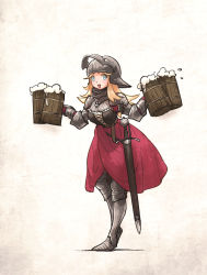 Rule 34 | 1girl, alcohol, armor, armored boots, beer, beer mug, blonde hair, blue eyes, boots, carrying, commentary, cup, dirndl, dress, english commentary, full armor, full body, gauntlets, german clothes, perlweiss (ironlily), helmet, highres, ironlily, knight, long dress, long hair, medieval, mug, original, plate armor, red dress, sheath, sheathed, shoulder armor, solo, sword, visor lift, waitress, weapon