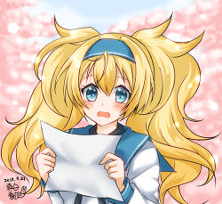 Rule 34 | 1girl, aqua eyes, big hair, blonde hair, blurry, blurry background, blush, breasts, commentary request, d:, dated, gambier bay (kancolle), hair intakes, hairband, holding, kantai collection, long hair, long sleeves, mashiro yukiya, open mouth, signature, solo, twintails, upper body