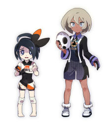 Rule 34 | 1boy, 1girl, ahoge, allister (pokemon), allister (pokemon) (cosplay), barefoot, bea (pokemon), bea (pokemon) (cosplay), black bodysuit, black hair, bodysuit, bodysuit under clothes, chiimako, clenched hands, closed mouth, collared shirt, commentary request, cosplay, costume switch, creatures (company), eyelashes, game freak, gloves, grey background, grey eyes, grey hair, hair between eyes, hands up, holding, holding mask, knee pads, knees, long sleeves, looking at viewer, mask, nintendo, partially fingerless gloves, pokemon, pokemon swsh, print shirt, print shorts, shirt, shoes, short hair, short sleeves, shorts, side slit, side slit shorts, single glove, standing, suspender shorts, suspenders, sweat, toes, uniform, white footwear