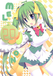 Rule 34 | 1girl, apron, blue eyes, blush, bow, cantaloupe, chany, food, fruit, green hair, long hair, melon, melon-chan, melonbooks, smile, solo, thighhighs, tray, twintails, white thighhighs, yellow bow