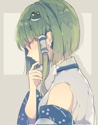 Rule 34 | 1girl, alternate hair length, alternate hairstyle, bare shoulders, blush, corrupted twitter file, detached sleeves, frog hair ornament, from side, green eyes, green hair, hair ornament, highres, japanese clothes, kochiya sanae, nikorashi-ka, nontraditional miko, one-hour drawing challenge, short hair, solo, touhou, upper body, wide sleeves