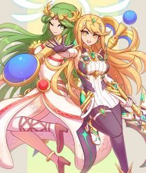 Rule 34 | 2girls, ancient greek clothes, armlet, bare shoulders, belt, black legwear, blonde hair, breasts, chest jewel, chiton, dress, earrings, elbow gloves, enni, female focus, forehead jewel, gem, gloves, green eyes, green hair, headpiece, high heels, jewelry, kid icarus, kid icarus uprising, large breasts, laurel crown, legs, long hair, long legs, looking at viewer, matching hair/eyes, multiple belts, multiple girls, mythra (massive melee) (xenoblade), mythra (xenoblade), necklace, nintendo, one eye closed, open mouth, palutena, pantyhose, parted bangs, pendant, sandals, shield, short dress, side slit, single thighhigh, smile, staff, strapless, strapless dress, super smash bros., swept bangs, sword, thigh strap, thighhighs, thighs, tiara, vambraces, very long hair, weapon, white dress, white footwear, white gloves, white legwear, wink, xenoblade chronicles (series), xenoblade chronicles 2, yellow eyes