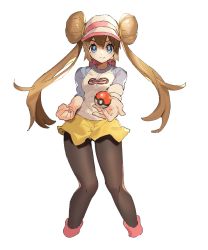 Rule 34 | 1girl, ankea (a-ramo-do), back bow, black pantyhose, blue eyes, blush, bow, breasts, brown hair, clenched hand, closed mouth, creatures (company), cropped legs, double bun, female focus, game freak, hair bun, hair tie, happy, hat, highres, holding, holding poke ball, light blush, long hair, long sleeves, looking at viewer, nintendo, outstretched arm, pantyhose, pink bow, pink hat, pink socks, poke ball, poke ball (basic), poke ball symbol, poke ball theme, pokemon, pokemon bw2, raglan sleeves, rosa (pokemon), shirt, short shorts, shorts, simple background, small breasts, smile, socks, solo, standing, straight-on, twintails, visor cap, white background, white shirt, yellow shorts