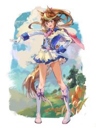 1girl :d animal_ears ankle_boots ascot asymmetrical_gloves blue_eyes blue_gloves boots brown_hair buttons cape commentary double-breasted epaulettes full_body gloves highres horse_ears horse_girl horse_tail ichi_(two_too_22) jacket long_hair long_sleeves looking_at_viewer mismatched_gloves multicolored_clothes multicolored_hair multicolored_jacket open_mouth pink_ascot pink_cape pleated_skirt ponytail single_epaulette skirt smile solo streaked_hair tail tokai_teio_(umamusume) two-tone_hair two-tone_jacket two-tone_skirt umamusume v white_footwear white_gloves white_hair