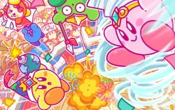 Rule 34 | audience, backwards hat, baseball cap, bomb, bomb kirby, bow, bowtie, commentary request, copy ability, explosion, explosive, fireworks, hat, headphones, jitome, kirby, kirby: battle royale, kirby (series), nintendo, notepad, official art, parasol kirby, polearm, red neckwear, sign, spear, spear kirby, stadium, tornado, tornado kirby, umbrella, waddle dee, weapon