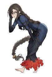 Rule 34 | 1girl, absurdly long hair, absurdres, arm strap, barefoot, black gloves, black skirt, blue dress, braid, brown hair, commentary request, cotta (heleif), dress, elbow gloves, fate (series), full body, glasses, gloves, grin, hand on own head, hand on own knee, hand up, highres, leaning forward, long hair, looking at viewer, parted lips, purple eyes, red skirt, sidelocks, simple background, skirt, smile, solo, striped clothes, striped dress, very long hair, white background, yu mei-ren (fate), yu mei-ren (first ascension) (fate)